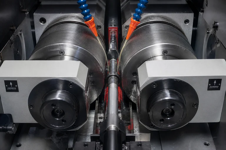 Arbeitsraum einer Gewindewalzmaschine mit zwei gegenüberliegenden Walzwerkzeugen
